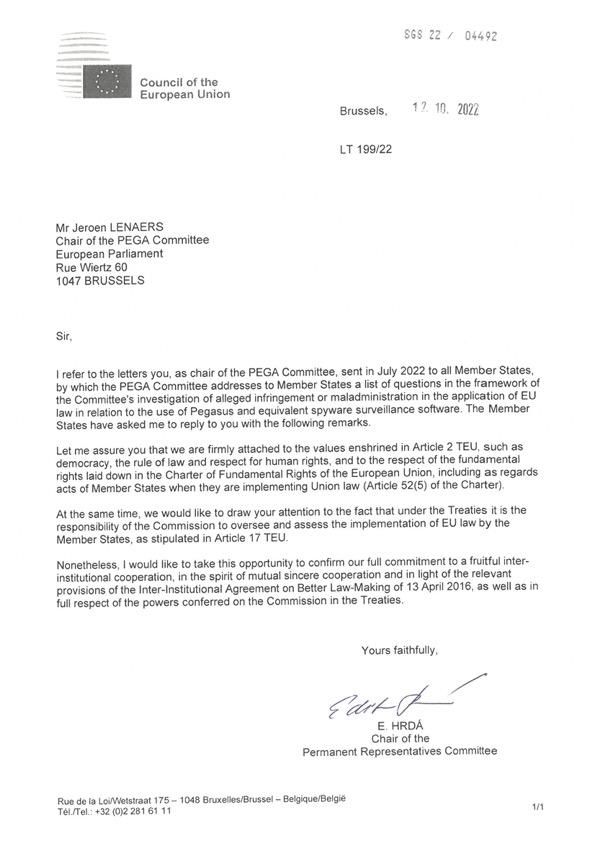 Carta del Consejo de la UE a la comisión Pegasus del Parlamento Europeo