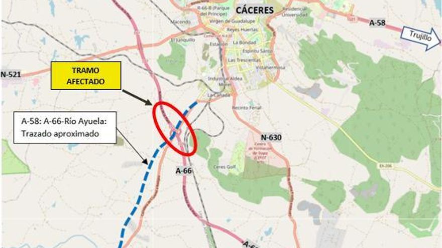 Las obras de la A-58 provocarán cortes de tráfico en la A-66, en Cáceres, de mayo a agosto