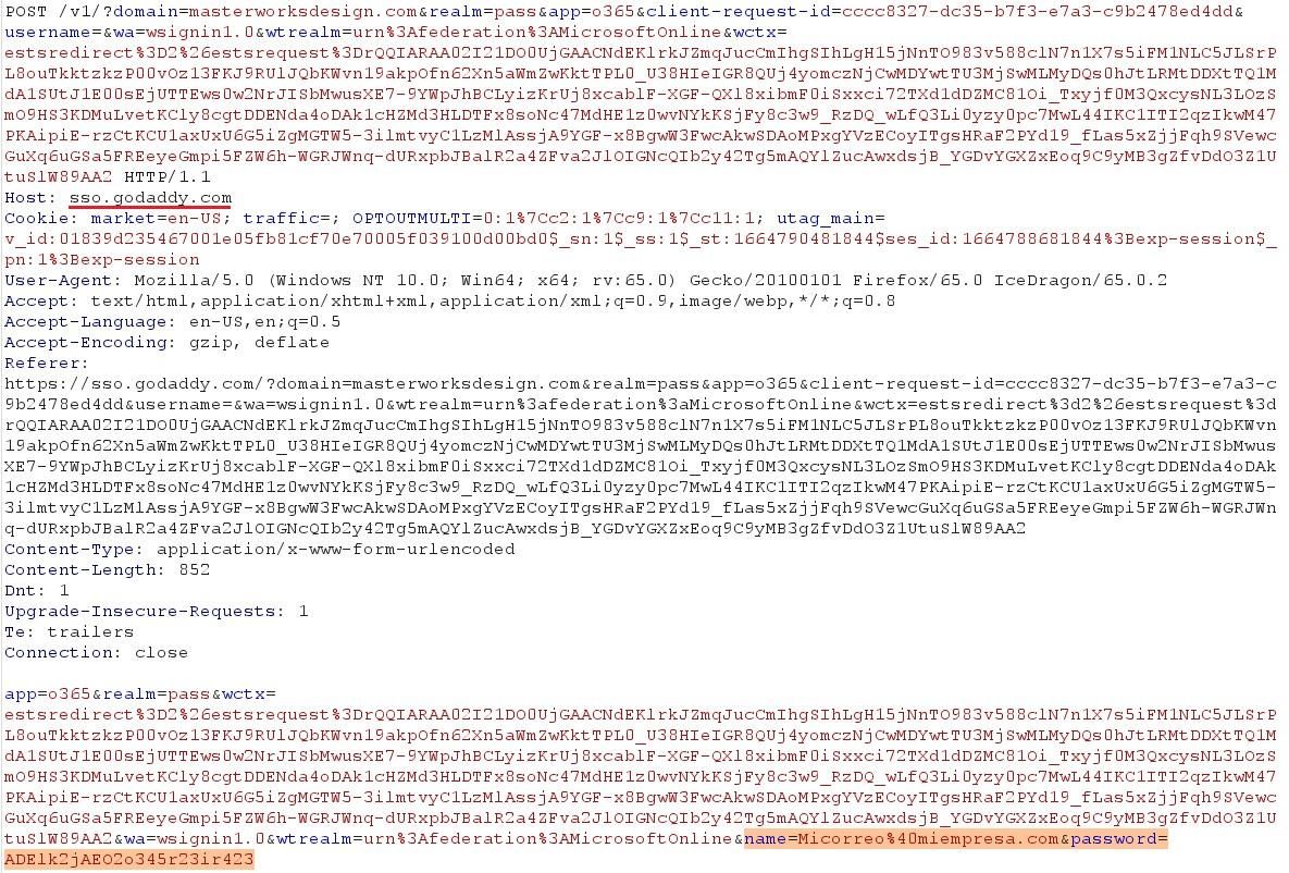 La captura de tráfico HTTPS confirma que los datos de los intentos de acceso son enviados a las bases de datos de GoDaddy