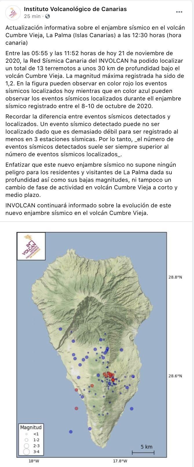 En la figura se puede observar en color rojo los eventos sísmicos localizados este sábado mientras que en color azul pueden observar los eventos sísmicos localizados durante ell enjambre sísmico registrado entre el 8-10 de octubre de 2020.