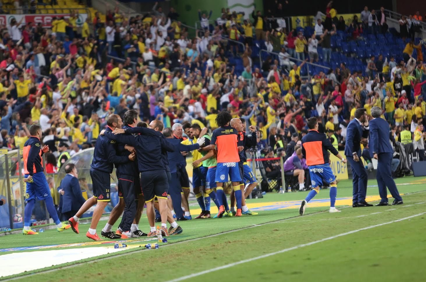 La afición amarilla celebra el gol de la UD. (ALEJANDRO RAMOS)