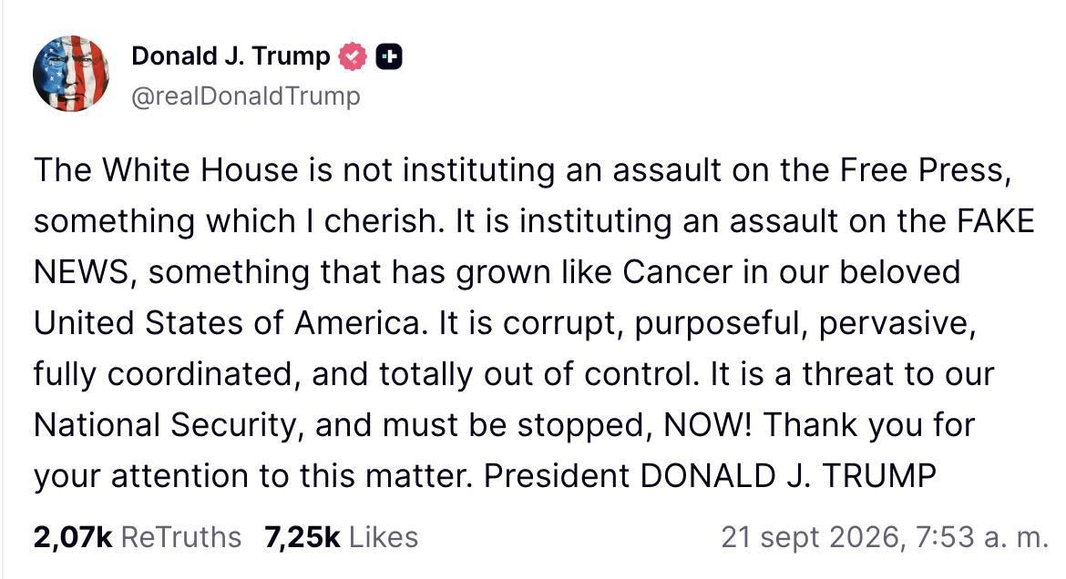 Truth Social de Trump sobre el veto a los medios.