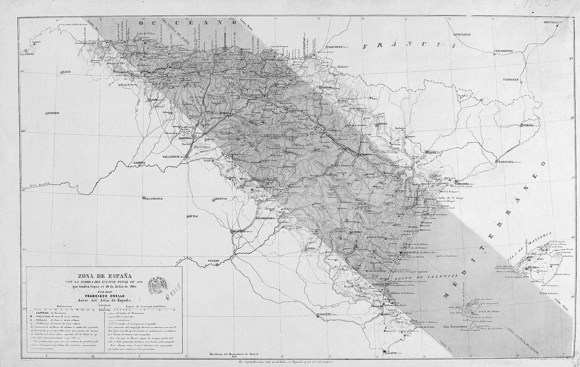 Mapa de Coello con la afectación del eclipse en España