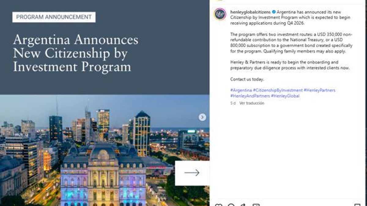 Publicación en Instagram de Henley & Partners sobre el programa de venta de ciudadanía argentina