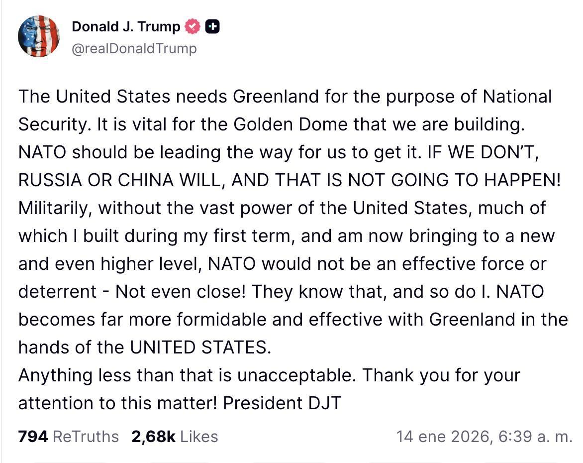 Truth Social de Trump sobre Groenlandia.