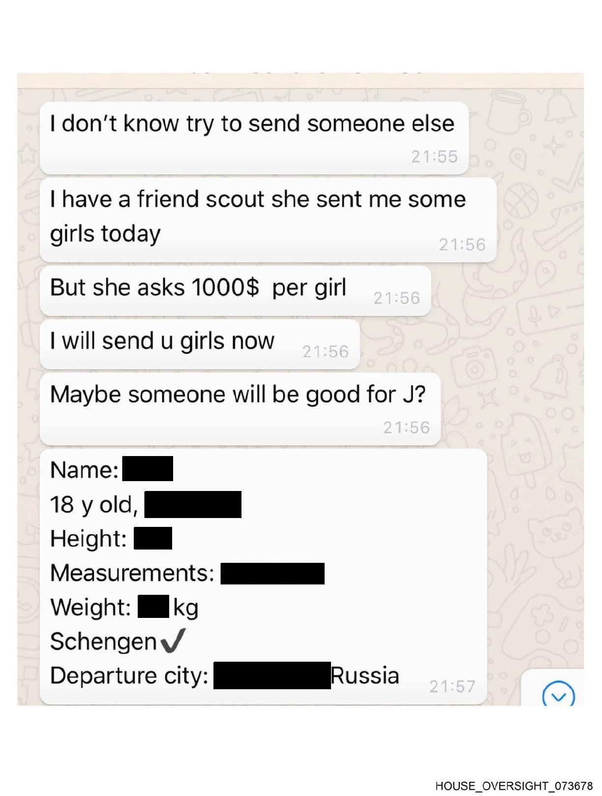 Mensaje de WhatsApp sobre una chica de 18 años de los archivos de Epstein.