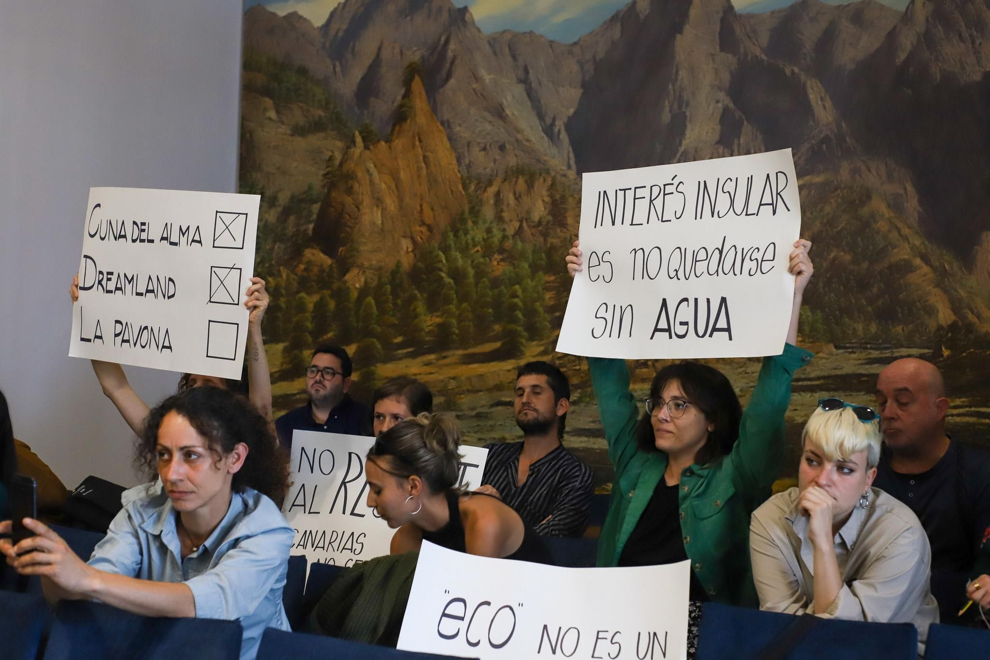 Pleno del Cabildo de La Palma en el que se ha aprobado por unanimidad la declaración de interés general del "Ecoresort y campo de golf camino La Pavona", las protestas del colectivo Ben Magec-Ecologistas en Acción EFE/Luis G. Morera