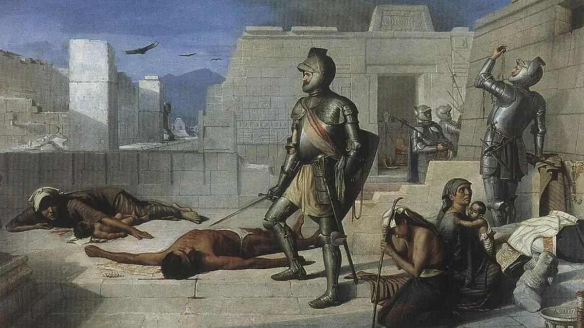Matanza de Cholula realizada por las tropas de Hernán Cortés en 1519. Cuadro de Félix Parra, 1877.