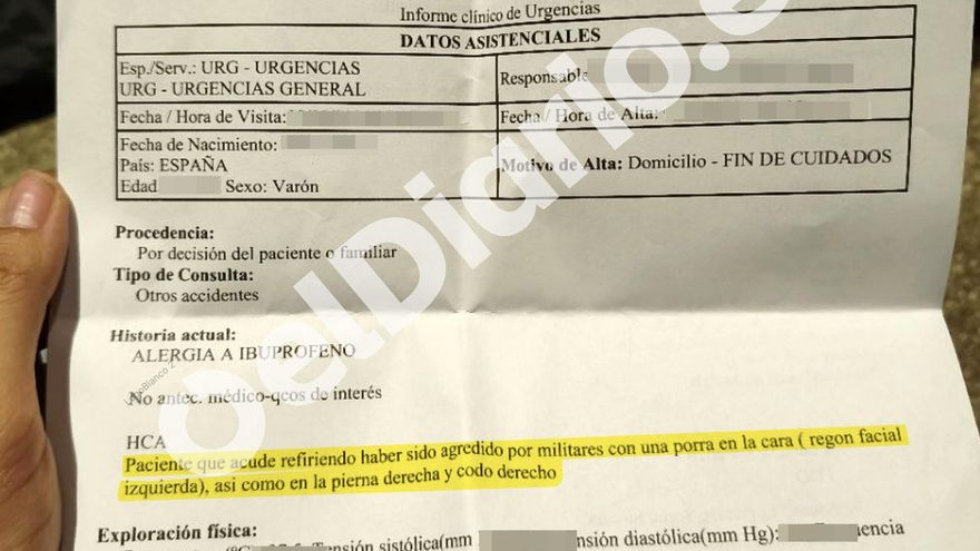 Parte médico de Hassan (nombre fictio) emitido por el Hospital de Ceuta donde recoge que refiere haber sido golpeado por militares en Ceuta.