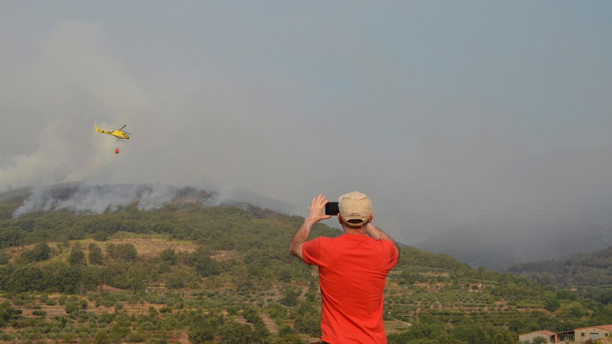 Un vecino de la localidad de Aldeanueva de la Vera fotografía los trabajos de extinción