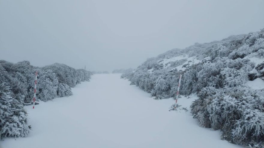 Vía interior del Observatorio de Astrofísico del Roque de Los Muchachos (Villa de Garafía), este jueves, cubierta de nieve.