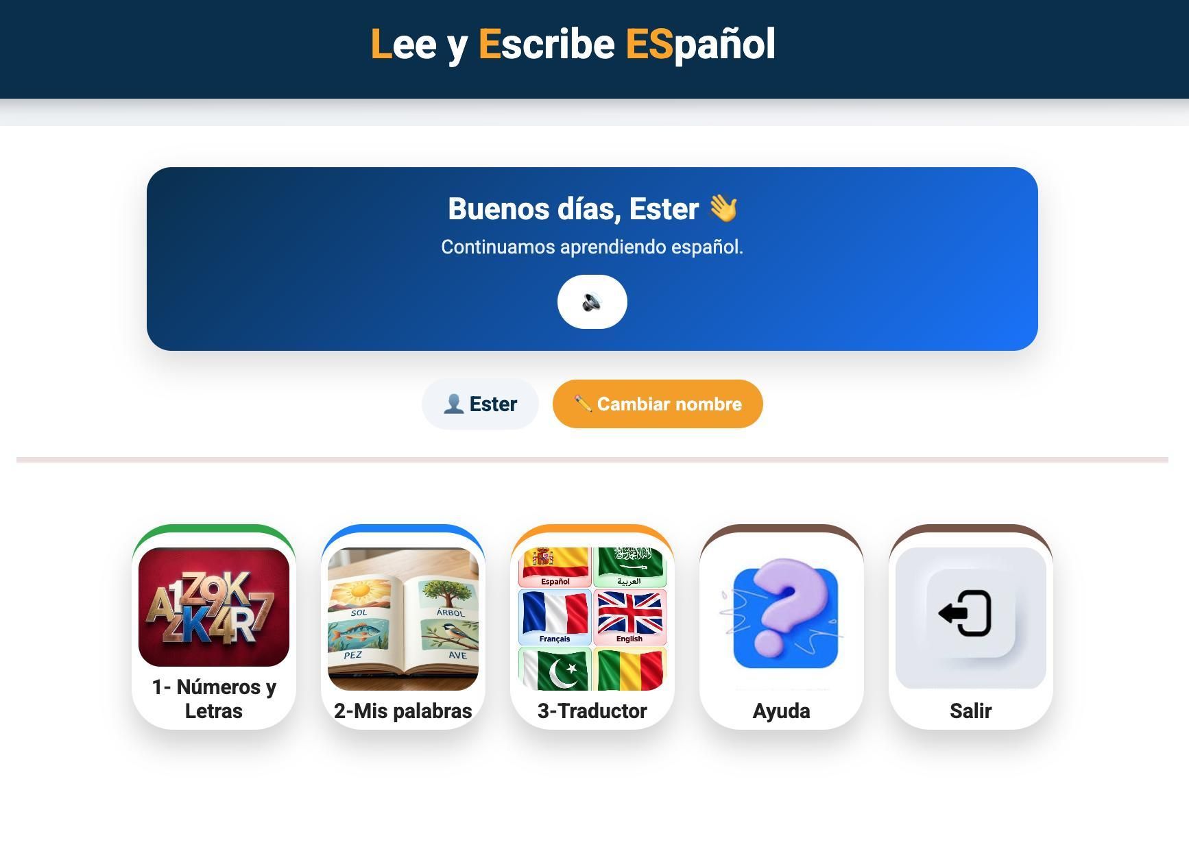 Página de inicio de LEES, la aplicación creada para aprender español