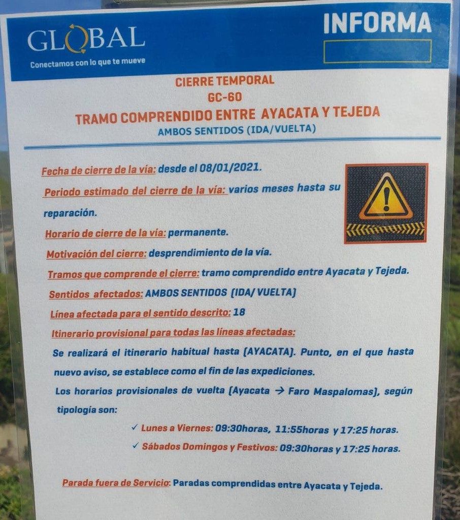 Las paradas de guagua entre Ayacata y Tejeda estarán fuera de servicio hasta la reparación de la vía