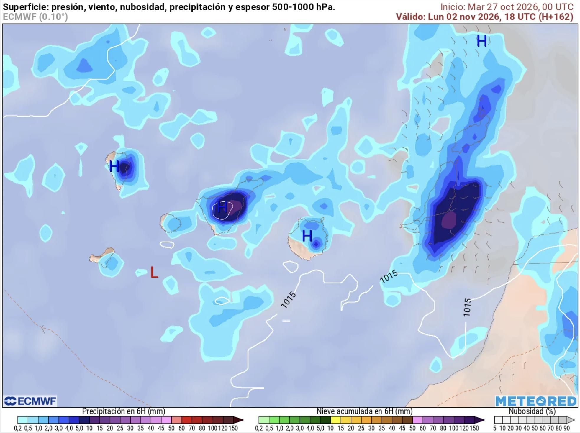 Previsión de lluvias para el lunes, 2 de noviembre.