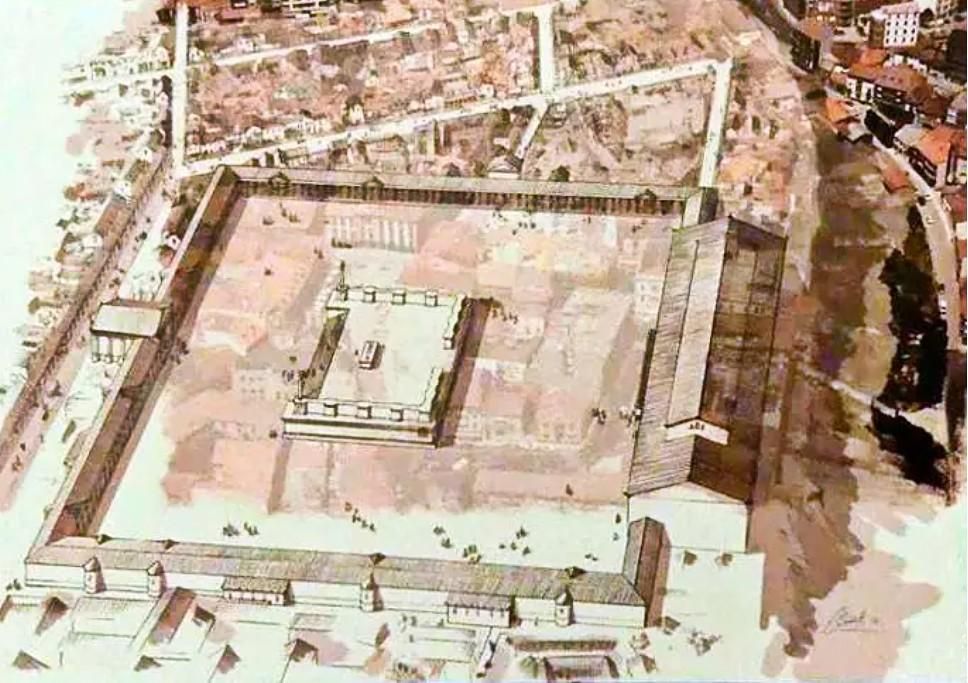 El inmenso foro romano de Asturica Augusta, sobre el plano actual de Astorga, diseño de Ángeles Sevillano y dibujo de I. Dieguez.