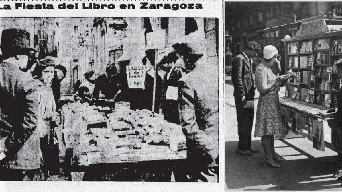 Puesto de libros callejeros de Lorenzo, en Zaragoza (El Noticiero, 24 de abril de 1931) A la derecha, quiosco en Barcelona (Mundo Gráfico, 1932)