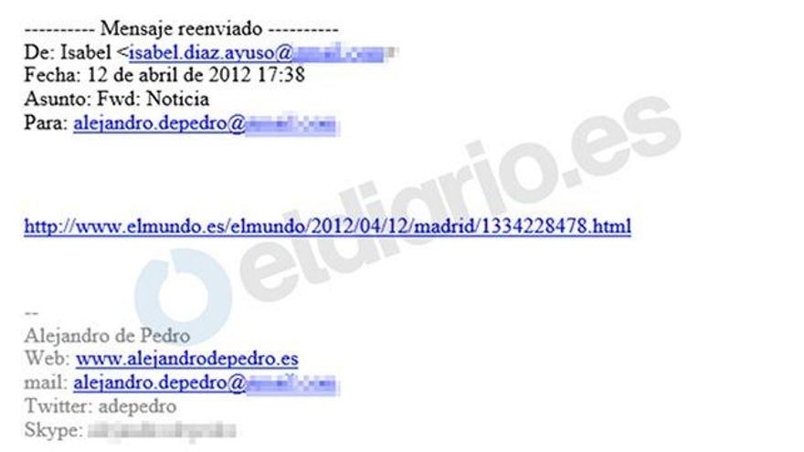 El correo electrónico enviado por Isabel Díaz Ayuso a Alejandro De Pedro.