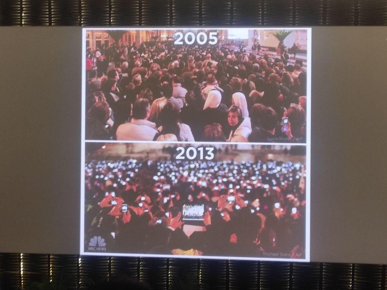 Comparativa de dos multitudes siguiendo respectivamente la elección de Benedicto XVI y Francisco.