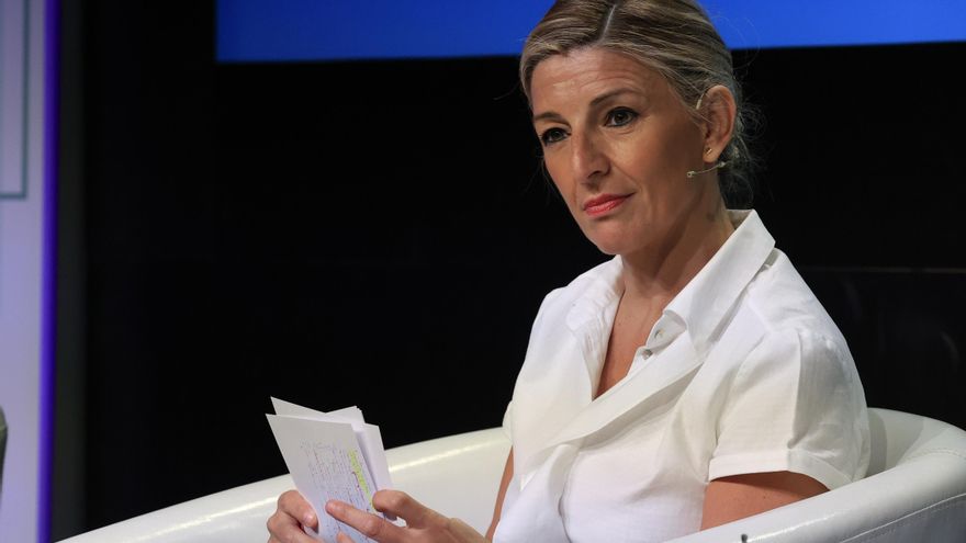 La vicepresidenta segunda y ministra de Trabajo y Economía Social,Yolanda Díaz, este lunes en Casa de América, en Madrid. EFE/ Zipi