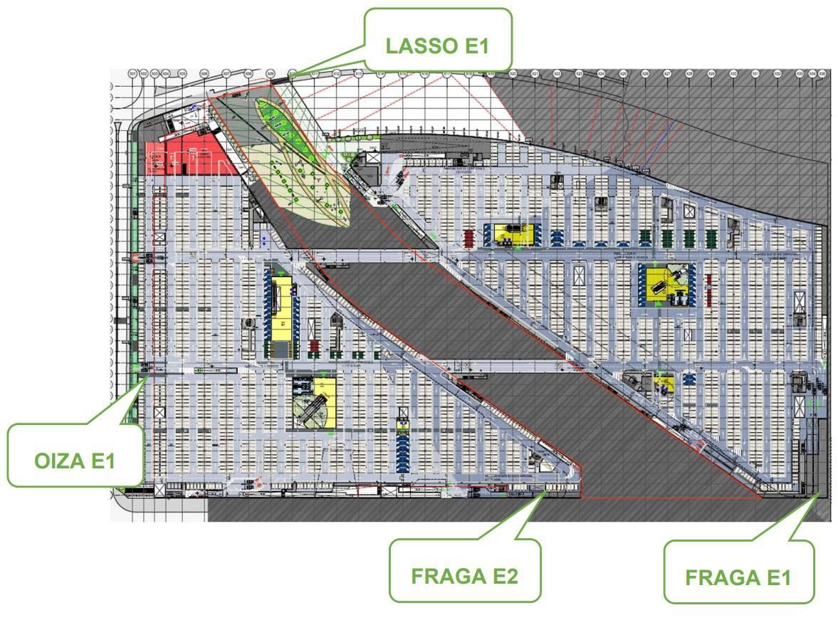 Plano del aparcamiento de Valdebebas Shopping, con accesos previstos y túneles de conexión