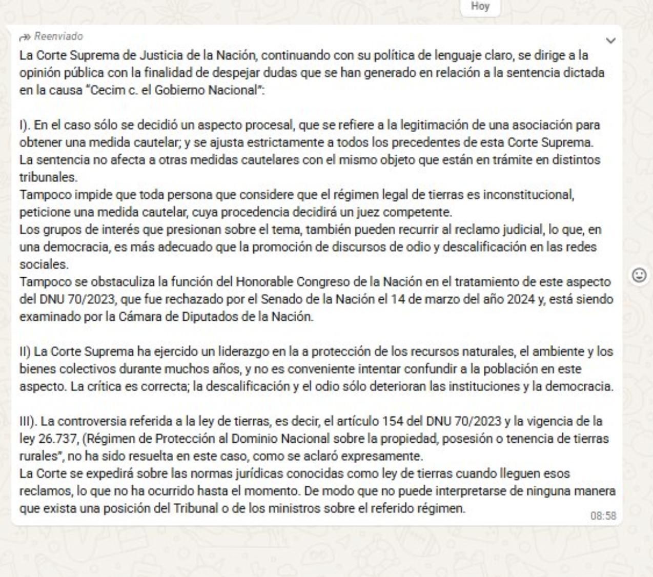 El mensaje por WhatsApp que enviaron voceros de la Corte Suprema a los medios.