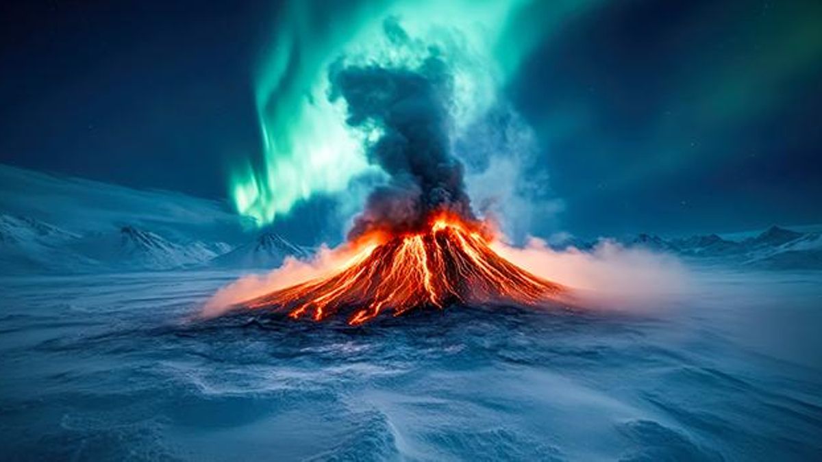 Recreación del volcán de la Isla Decepción en un erupción.