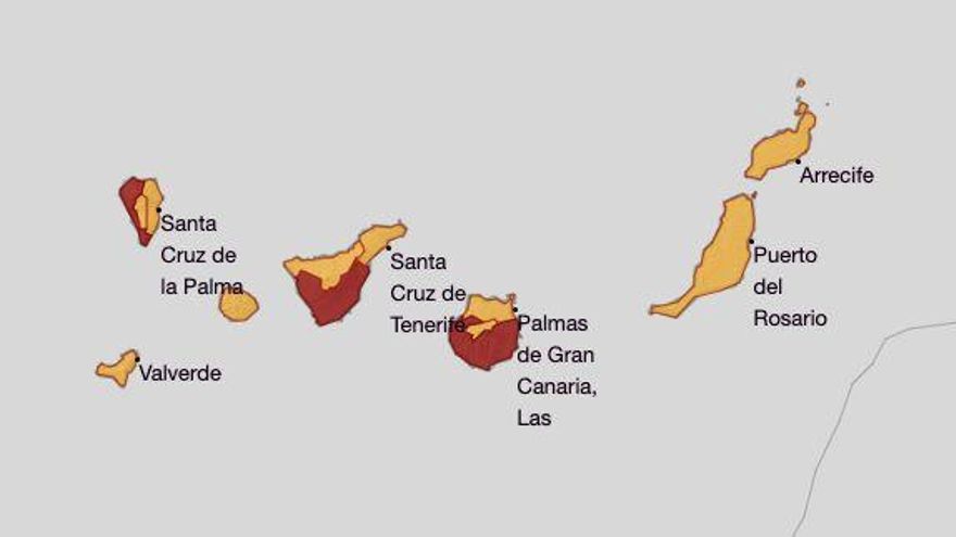 Predicción de temperaturas máximas de la Aement en Canarias para el martes 17 de agosto.