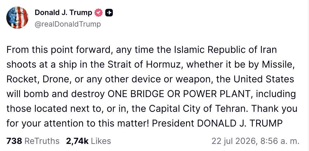 Truth Social de Trump sobre Irán.