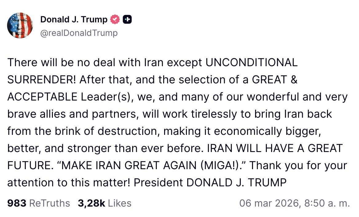 Truth Social de Trump sobre el diálogo con Irán.