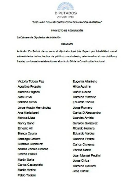 El proyecto presentado para remover a Espert de Diputados.