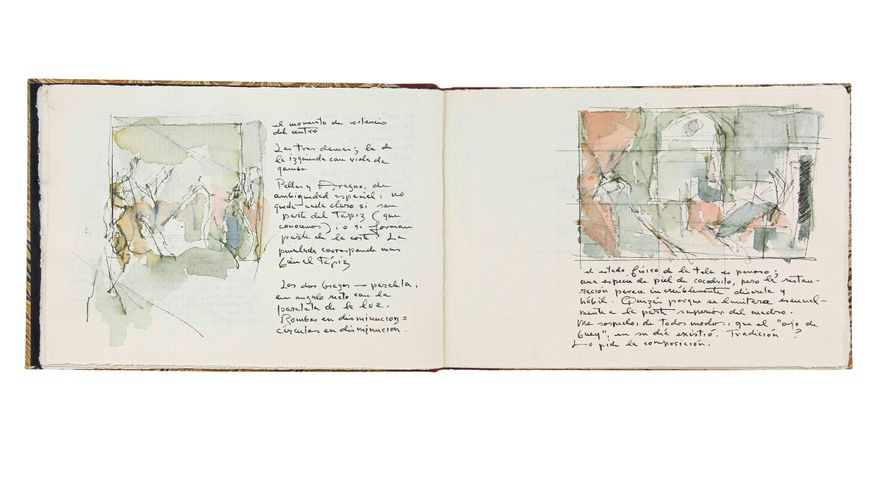 Fernando Zóbel, dibujo y anotaciones sobre Las Hilanderas de Velázquez en una de sus visitas al Museo del Prado. Cuaderno de apuntes n.º 125, 1982