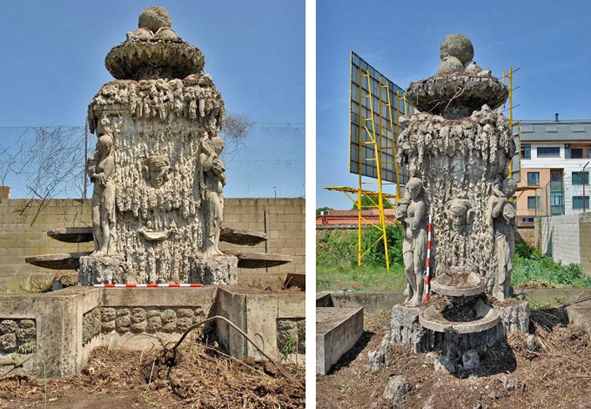 Vista sur y oeste del 'cuerpo prismático' de La Fontana de Armunia con sus extrañas figuras mistéricas de ninfas y cabezas de fauno.