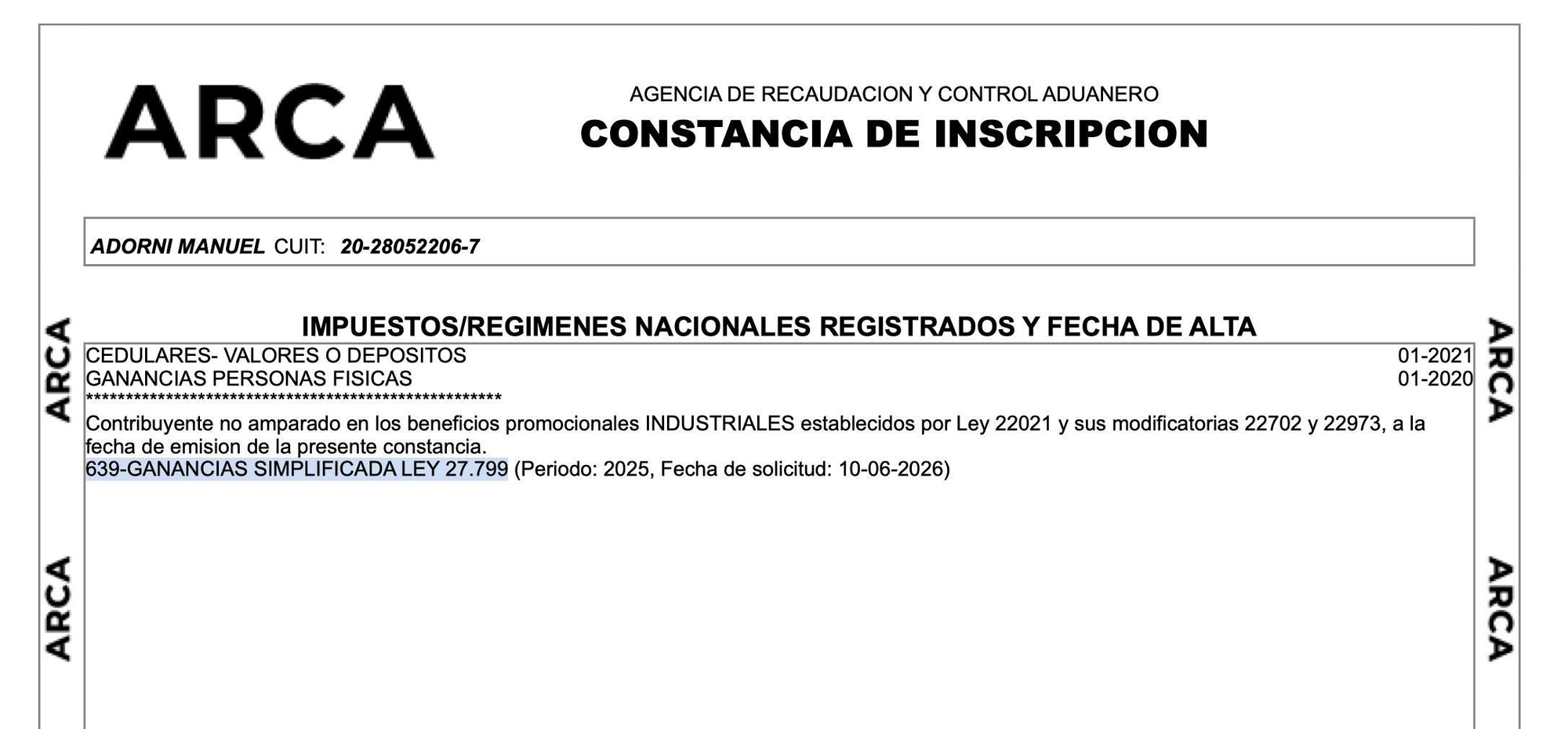 El detalle de la constancia de inscripción de Adorni al regimen de Inocencia Fiscal.