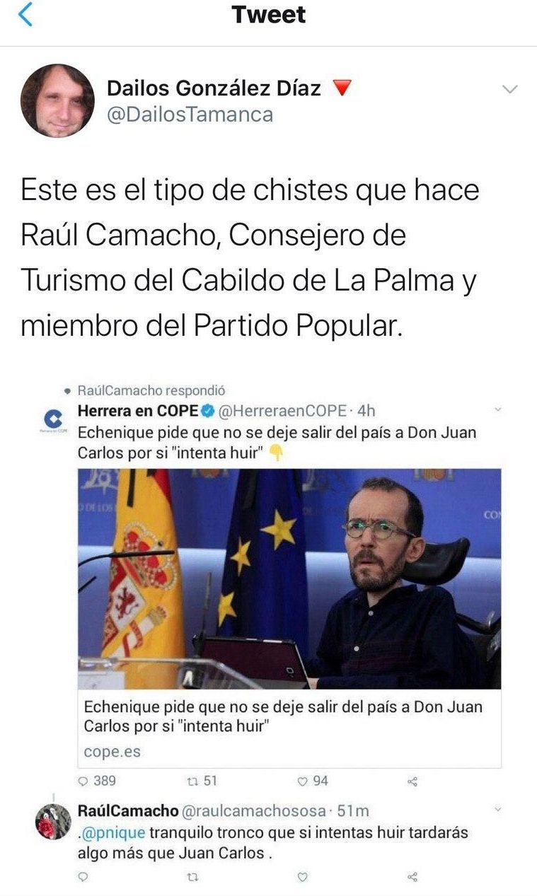 Tuit publicado por el consejero del PP en el Cabildo de La Palma, Raúl Camacho