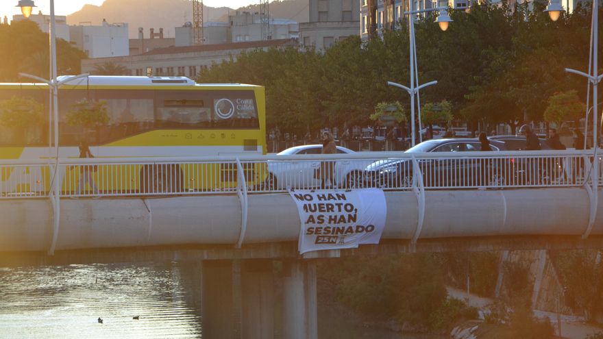 Cartel del 25N colgando en la pasarela Miguel Caballero