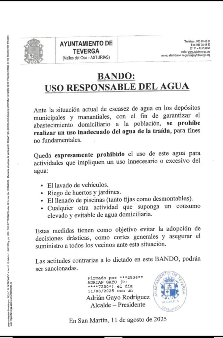 Bando del Ayuntamiento de Teverga sobre el uso responsable del agua.