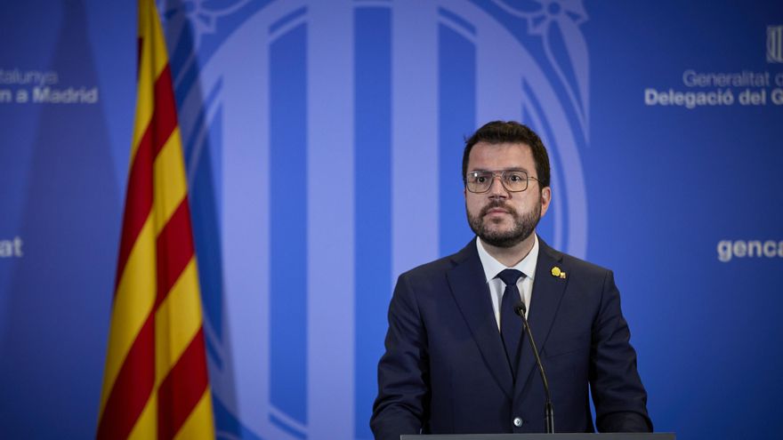 El president de la Generalitat catalana, Pere Aragonès ofrece una rueda de prensa en la librería Blanquerna tras la reunión mantenida con el presidente del Gobierno, a 29 de junio de 2021, en Madrid (España). Ambos mandatarios se han reunido hoy por prime