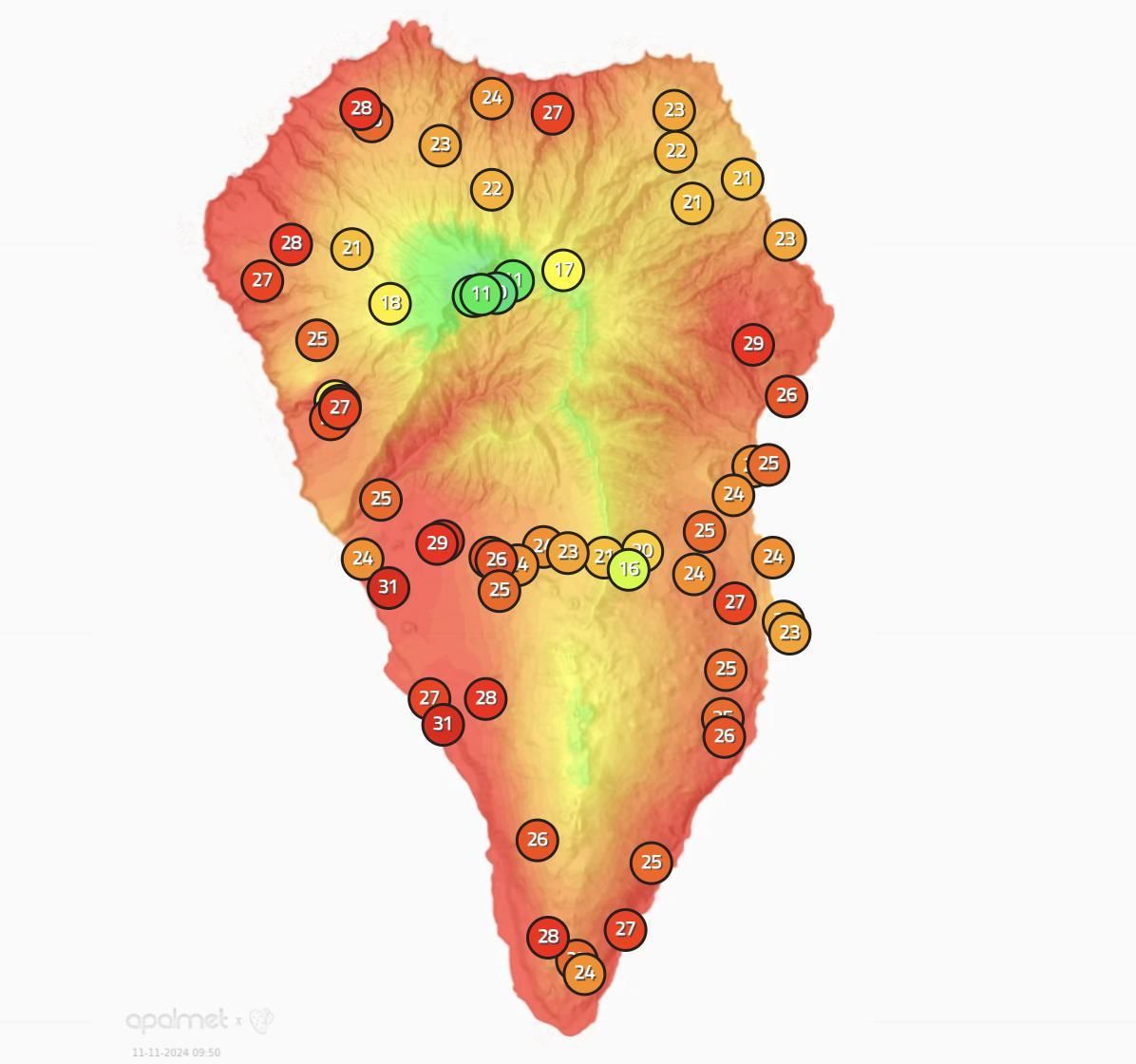 Mapa de Apalmet con los datos de la temperatura en diferentes zonas de La Palma a las 09.50 horas de este lunes, 11 de noviembre.