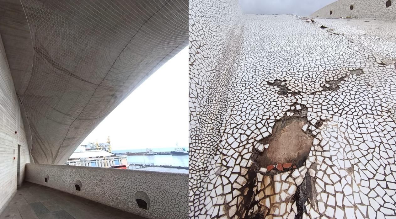 Red de sujeción instalada en la parte trasera del Auditorio de Tenerife (izquierda) y sección con el trencadís completamente desprendido (derecha).