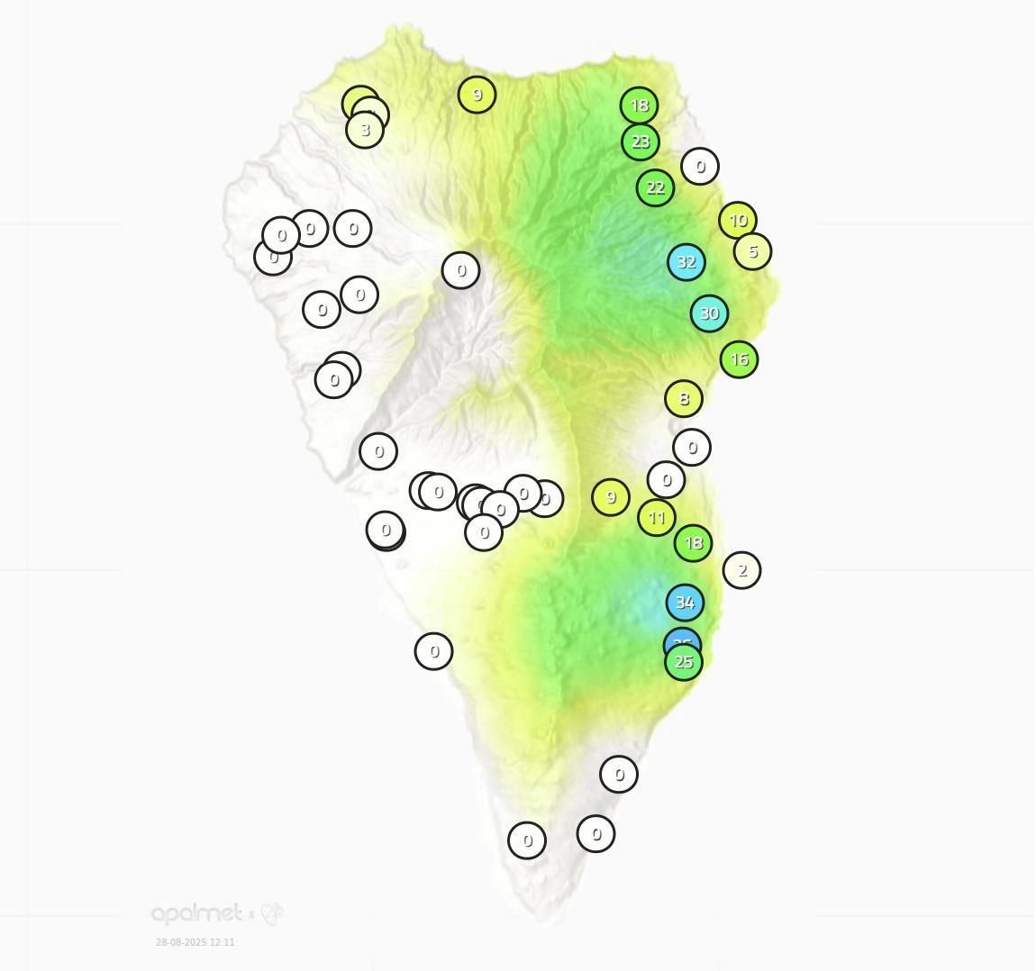 Mapa de Apalmet de la lluvia registrada de diversos puntos de  La Palma este jueves, 28 de agosto, hasta las 12.00 horas.
