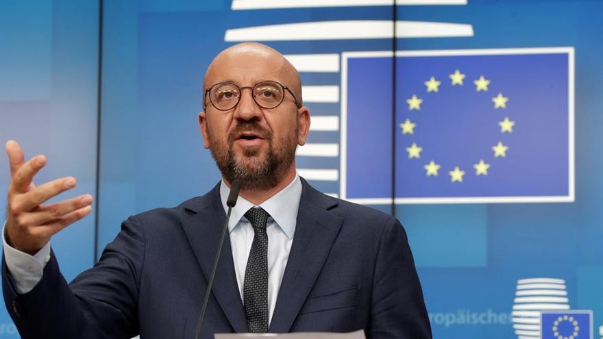 El presidente del Consejo Europeo, Charles Michel, en la rueda de prensa al final de la cumbre europea en formato de videoconferencia, en Bruselas, Bélgica.