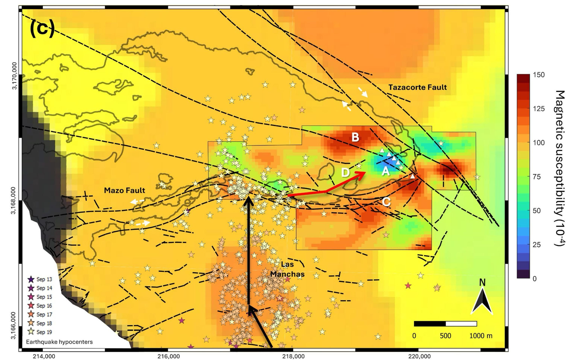 Los datos magnéticos obtenidos mediante los drones: en azul, la zona de susceptibilidad magnética que indica el camino del magma.