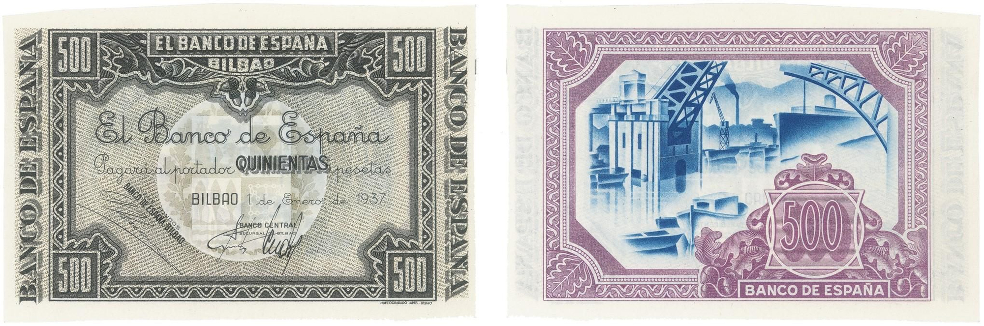 Billete de 500 pesetas emitido por el Banco de España y firmado por el Banco del Comercio. Vista de la ría de Bilbao, 1937