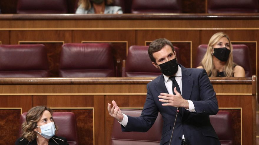 El líder del PP, Pablo Casado, interviene durante una sesión de control al Gobierno en el Congreso