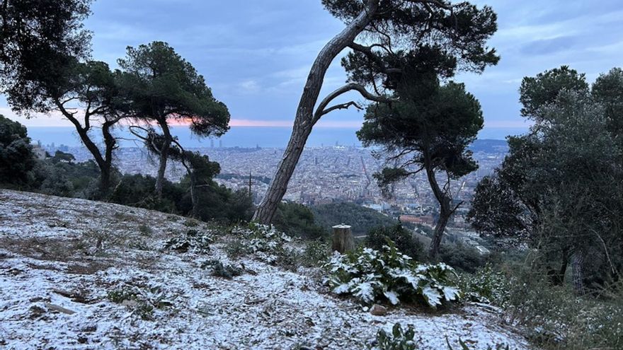 Zonas de Barcelona con una fina capa de nieve, este martes por la mañana.