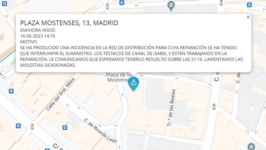 Aviso del Canal de Isabel II por el corte en el servicio en Mostenses
