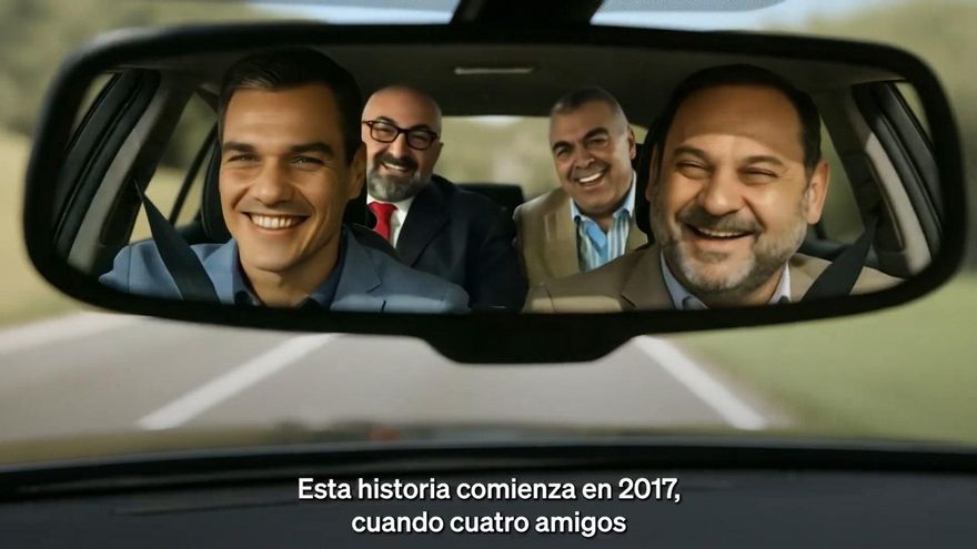 Imagen generada a través de Inteligencia Artificial (IA) por el Partido Popular en la que figuran Pedro Sánchez, José Luis Ábalos, Koldo García y Santos Cerdán dentro de un coche