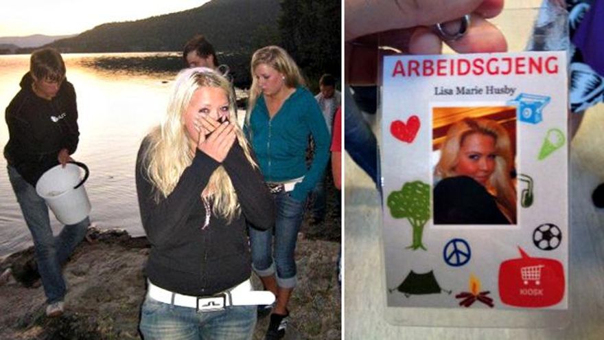 Lisa durante el campamento de Utoya en 2011 antes del atentado. A la derecha, su acreditación.