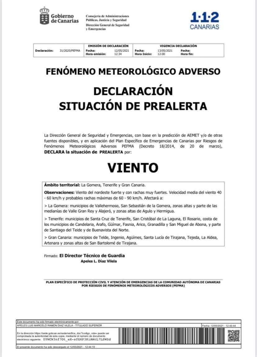 Declaración de prealerta del Gobierno de Canarias