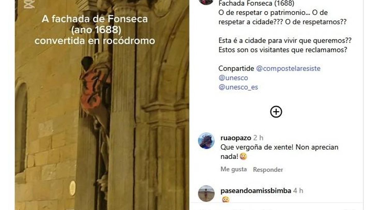 Indignación en Santiago por la aventura de escalada de un joven que convirtió el Palacio de Fonseca en rocódromo
